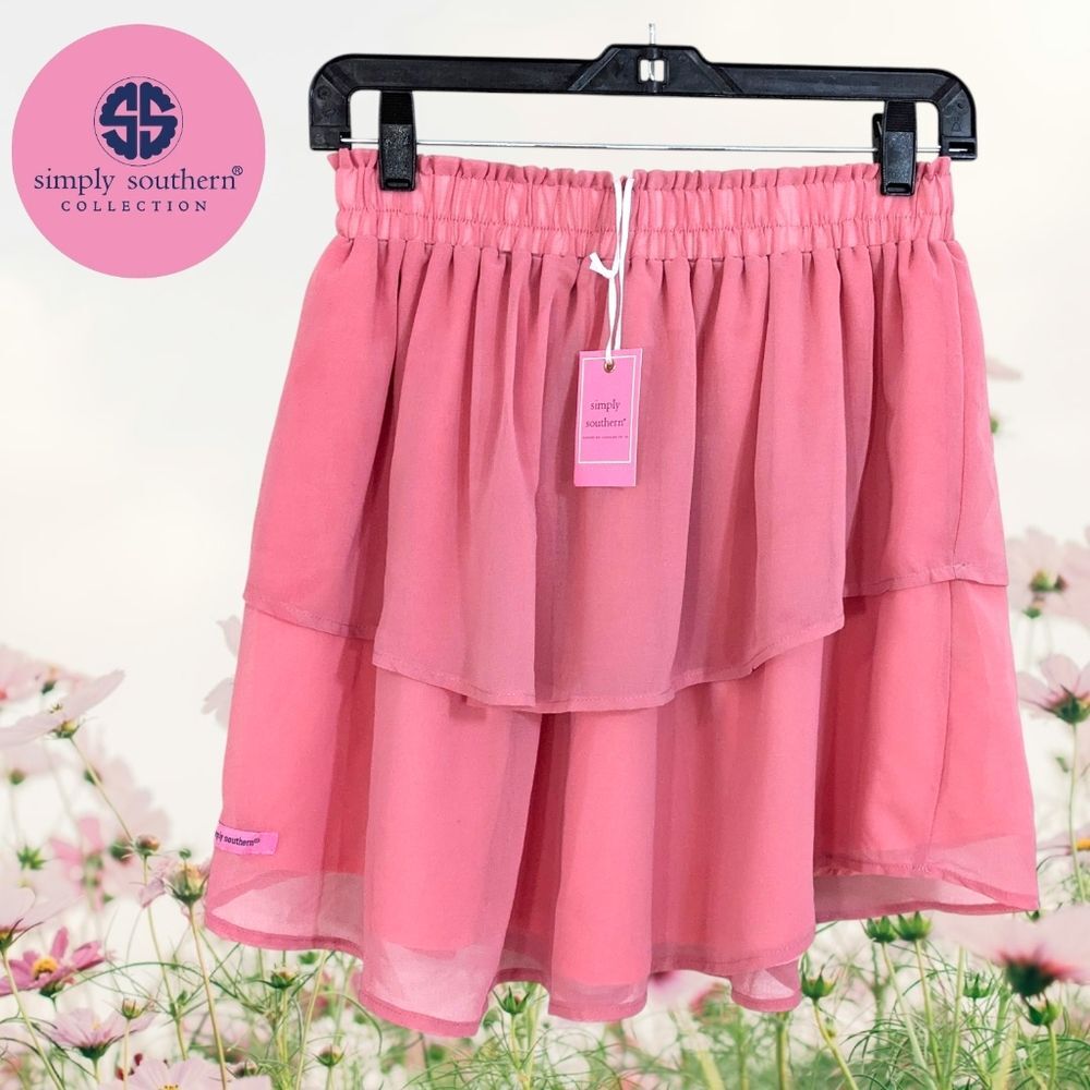 NEW Simply Southern Tiered Chiffon Pink Coral Ruffle Skirt - Size Medium Womens